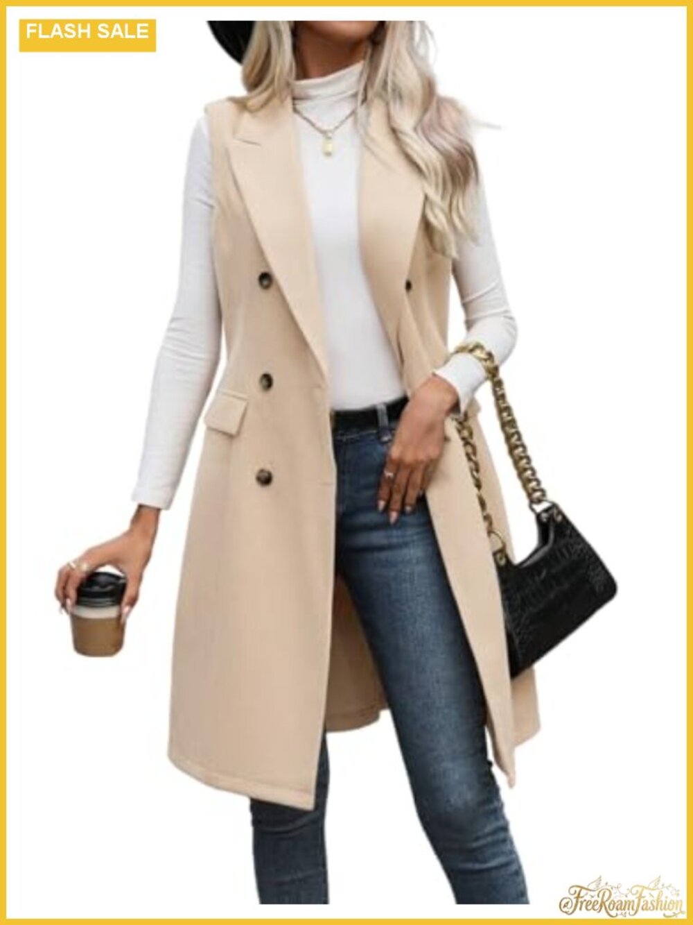 Womens Wool Blend Sleeveless Blazer Vest Long Trench Coat Outerwear